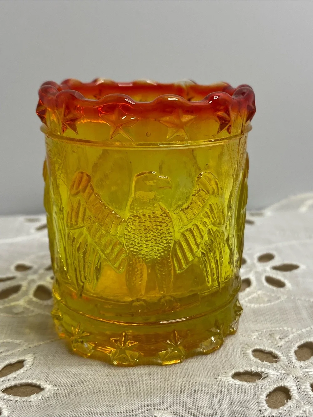 Vintage Kanawha Amberina Glass Toothpick Holder Eagle and Stars Patriotic Design